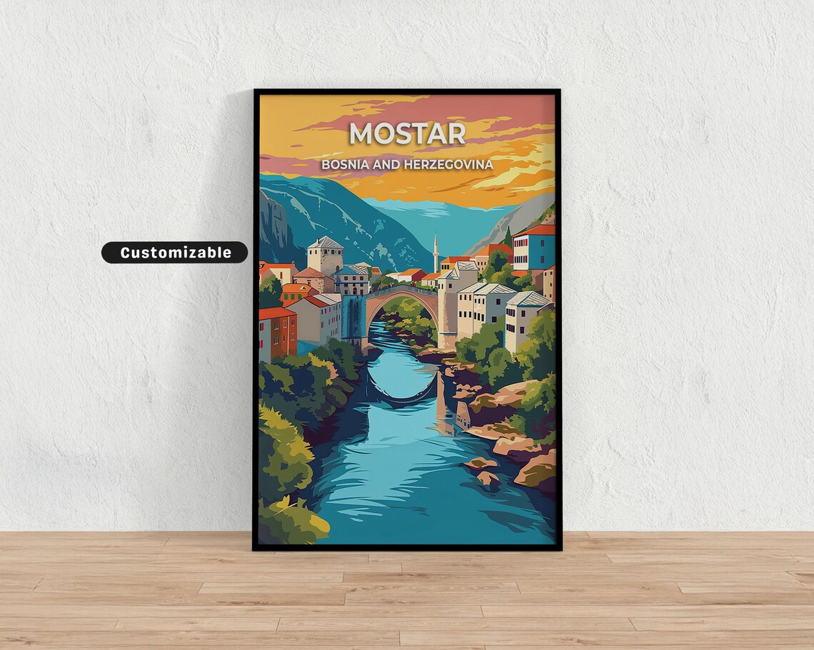 Mostar Bosnia and Herzegovina Old Bridge Sunset Travel Poster