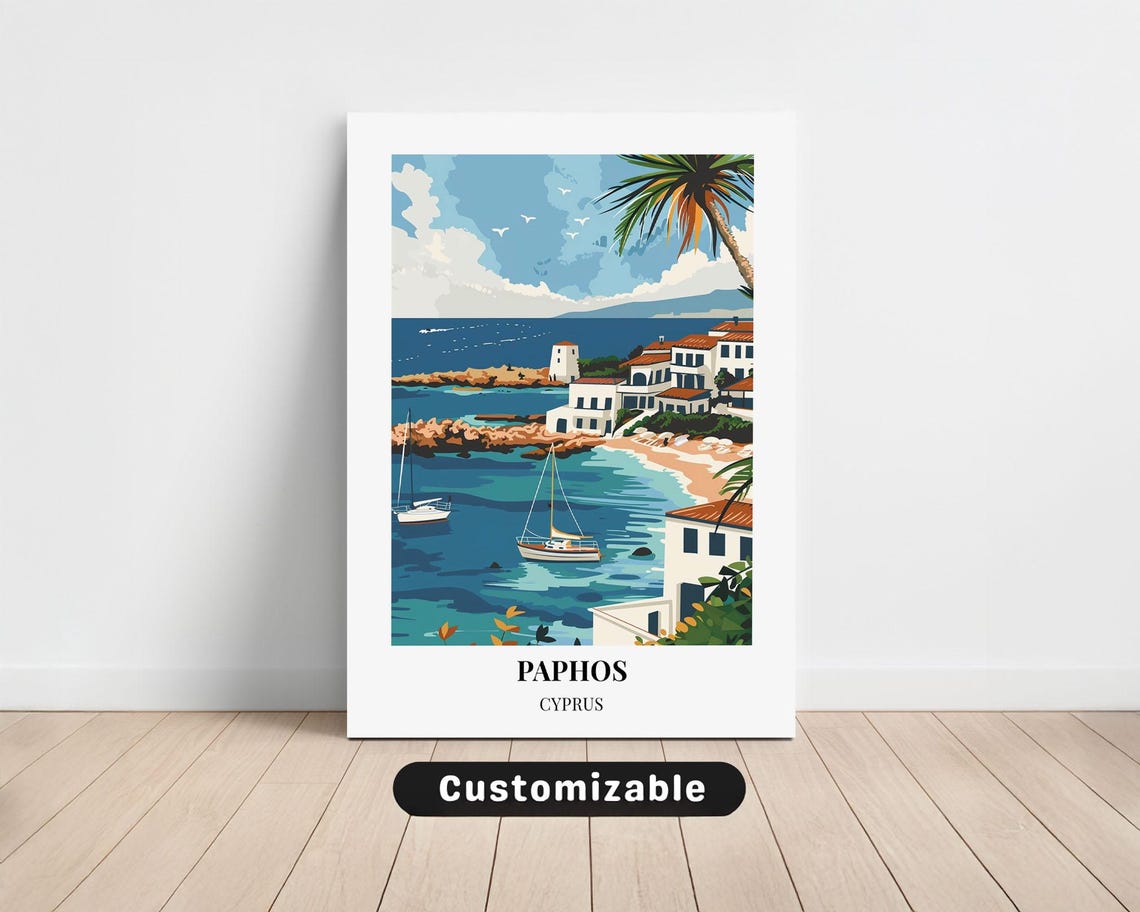 Paphos Cyprus Turquoise Harbor Travel Poster Mediterranean Coast