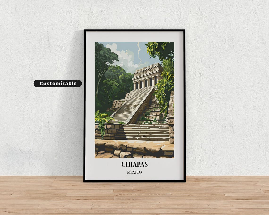 Chiapas Mexico Mayan Pyramid Jungle Ancient Ruins Travel Poster