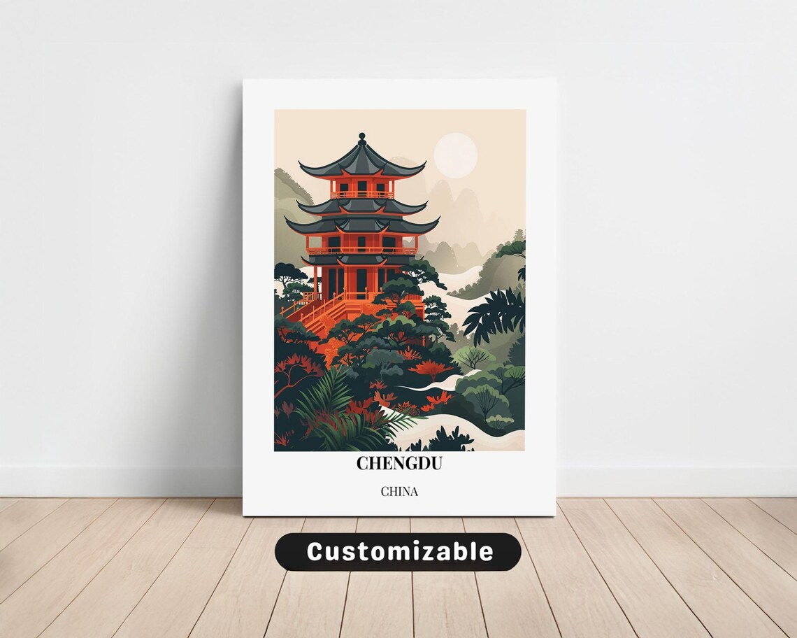 Chengdu China Red Pagoda Misty Mountains Lush Gardens Travel Poster