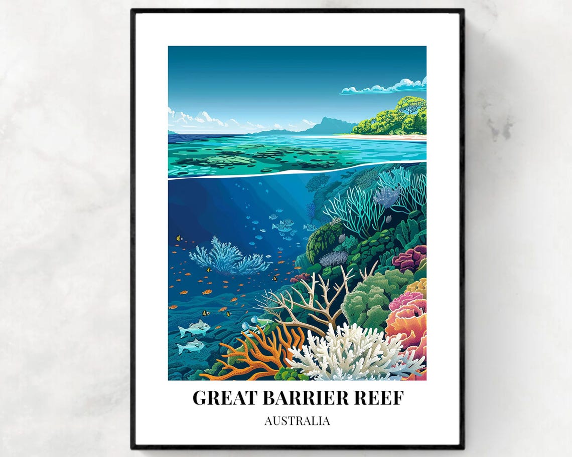 Great Barrier Reef Australia Above Below Water Coral Scene Poster