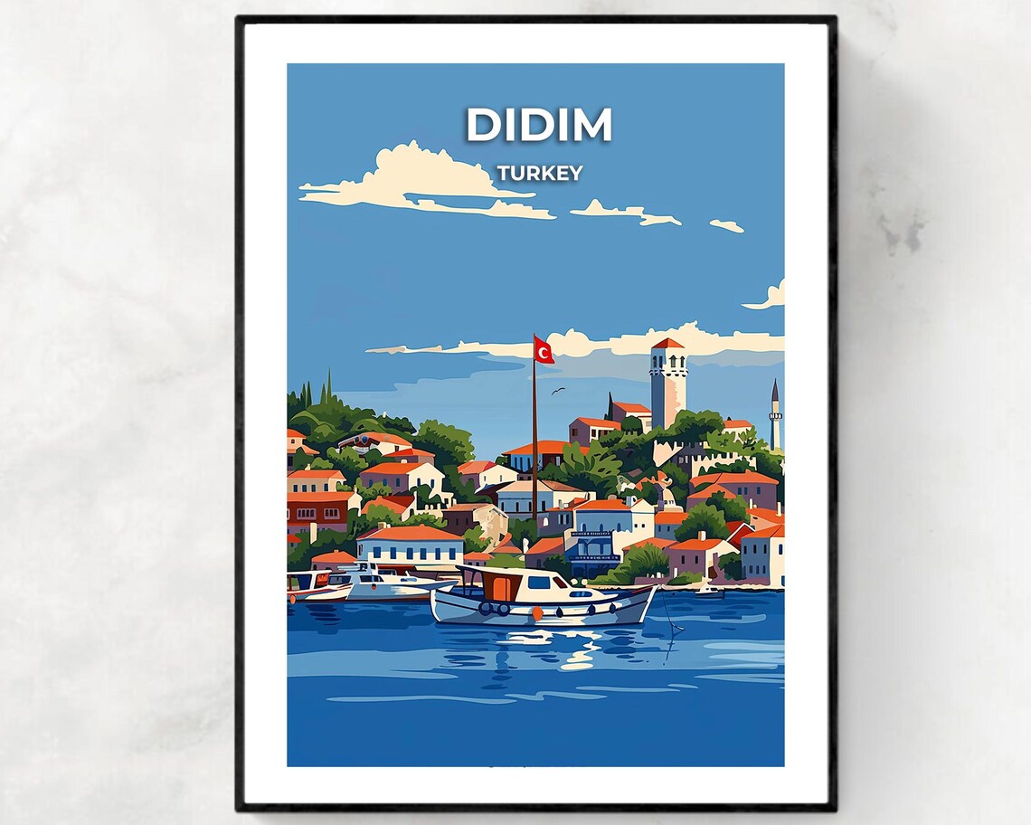 Didim Turkey Harbor Boats Turkish Flag Seaside Town Travel Poster