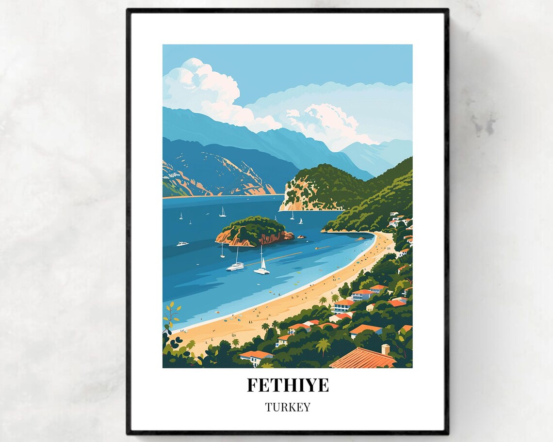 Fethiye Turkey Turquoise Bay With White Sailboats Travel Poster