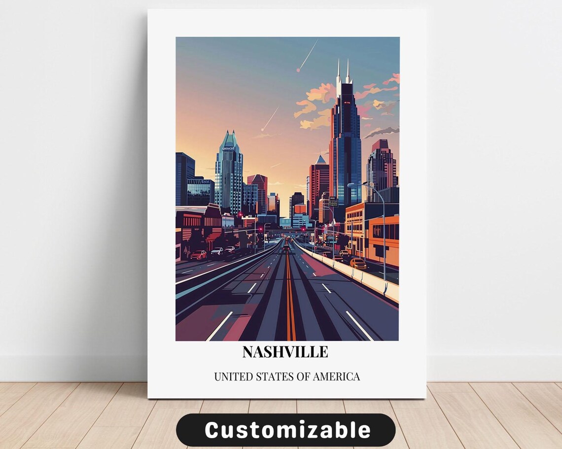 Nashville Skyline at Sunset City Highway United States Travel Poster