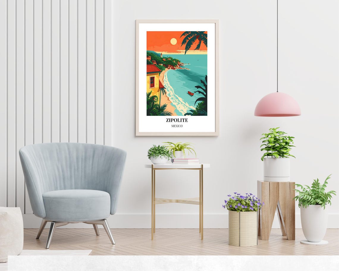 Zipolite Beach Sunset with Palms and Boat Mexico Travel Poster - Image 2