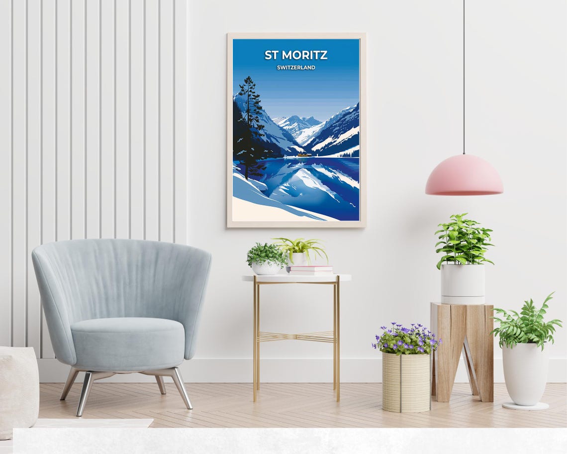St Moritz Switzerland Still Lake Snowy Peak Reflection Poster - Image 2