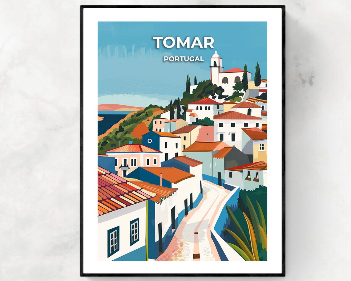 Tomar Portugal Riverside Old Town Hillside Vintage Travel Poster