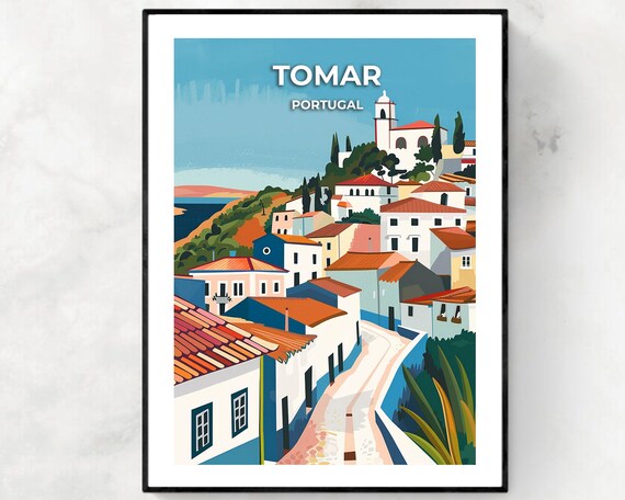 Tomar Portugal Riverside Old Town Hillside Vintage Travel Poster