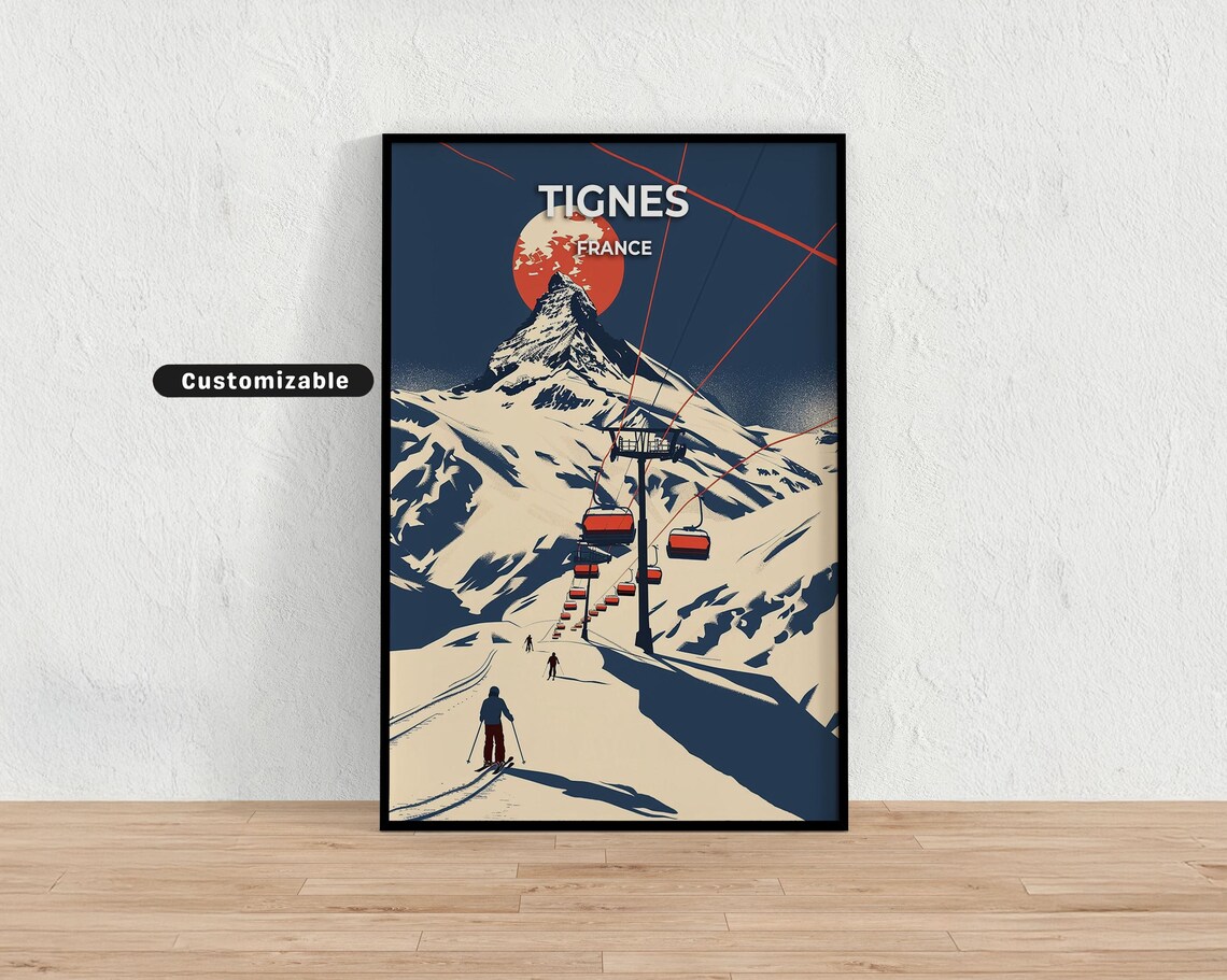 Tignes France Red Moon Night Ski Lifts Retro Ski Travel Poster