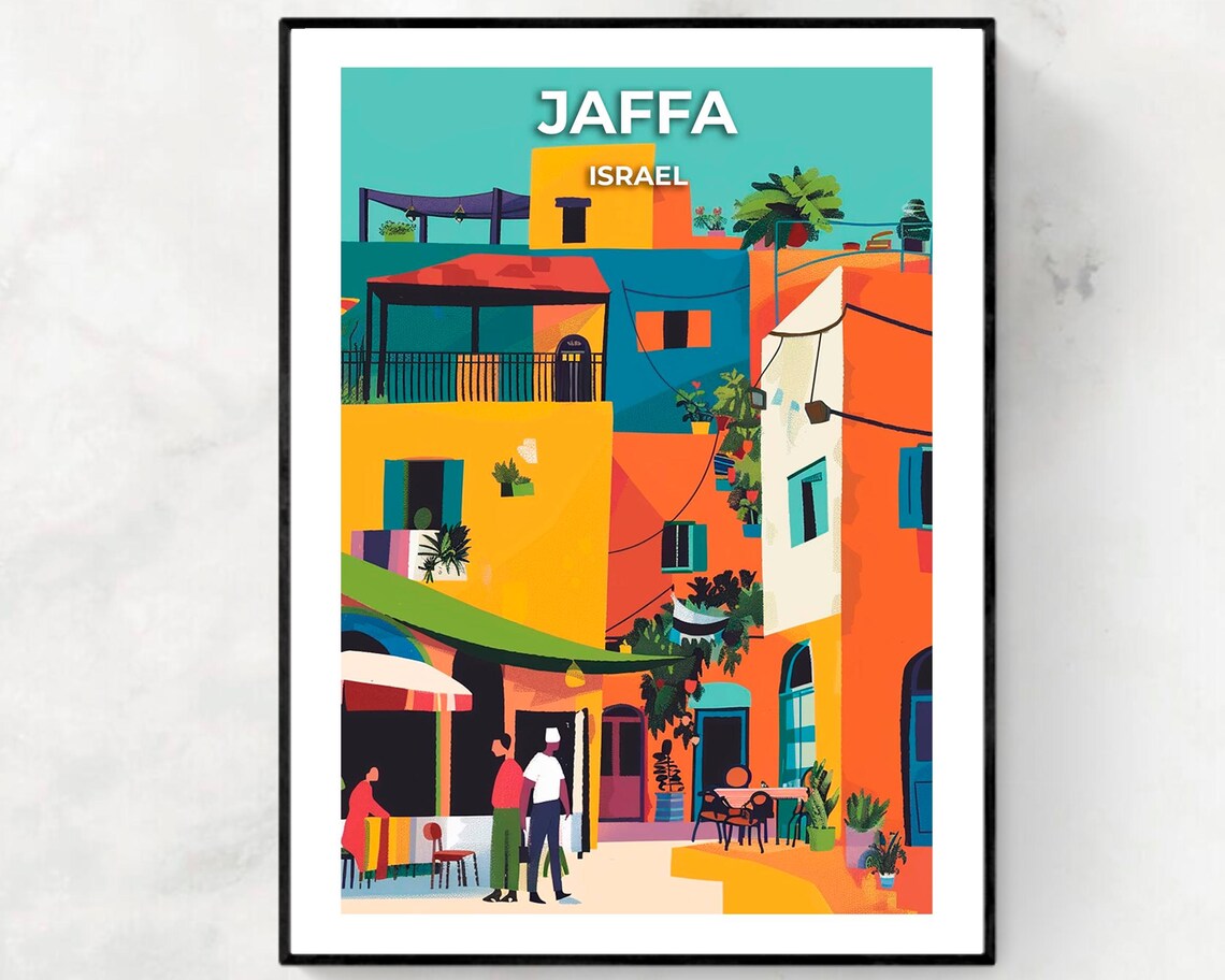 Jaffa Israel Flea Market Courtyard Colorful Houses Cafe Travel Poster