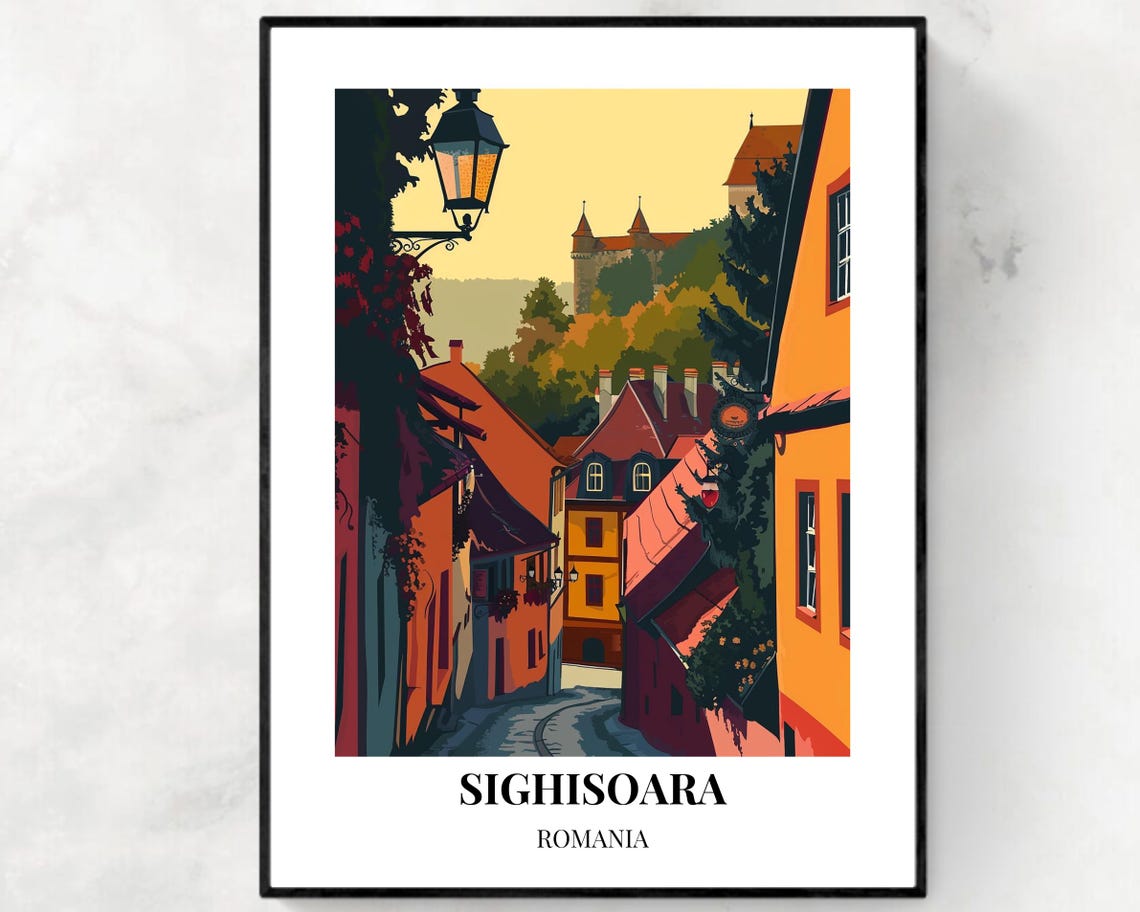 Sighisoara Romania Medieval Citadel Lane Glowing at Sunset Poster