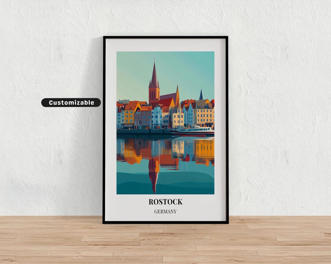 Rostock Germany Harbor Reflection Church Spire Retro Travel Poster