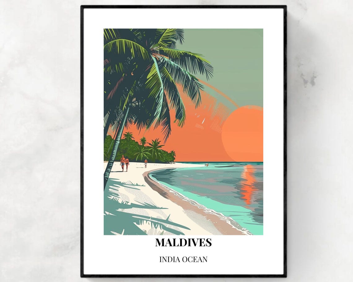 Maldives Sunset Beach Palm Trees Orange Sky Ocean Travel Poster