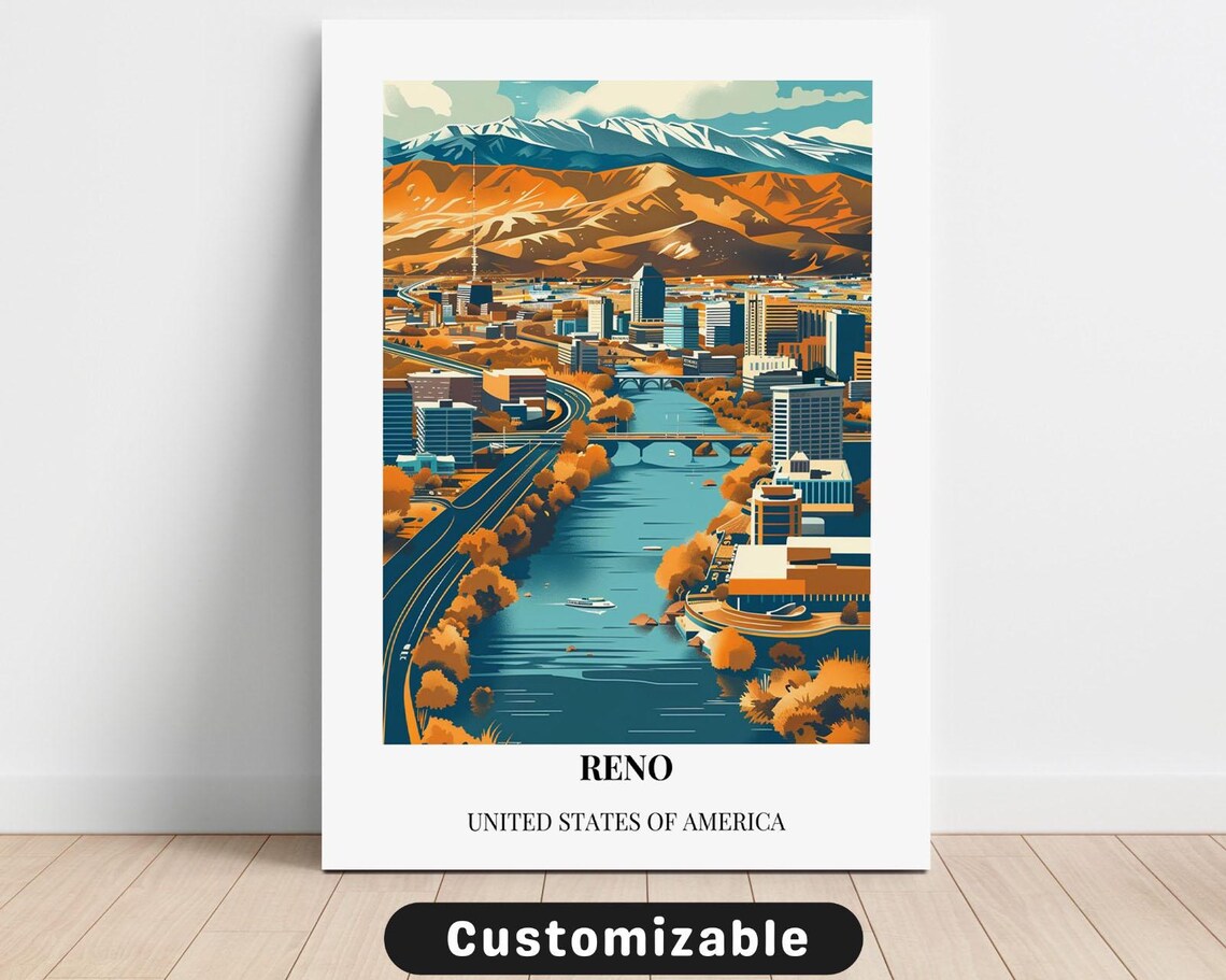 Reno Nevada Skyline River Mountains Vintage Travel Style Poster