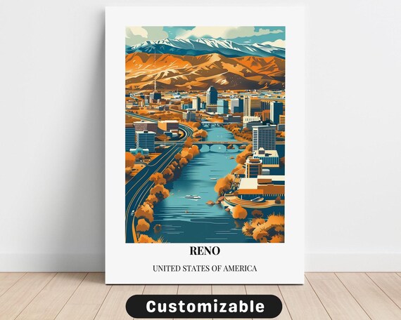 Reno Nevada Skyline River Mountains Vintage Travel Style Poster
