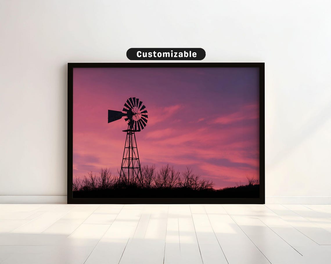 Windmill Silhouette Against Pink Sunset Rural Landscape Poster
