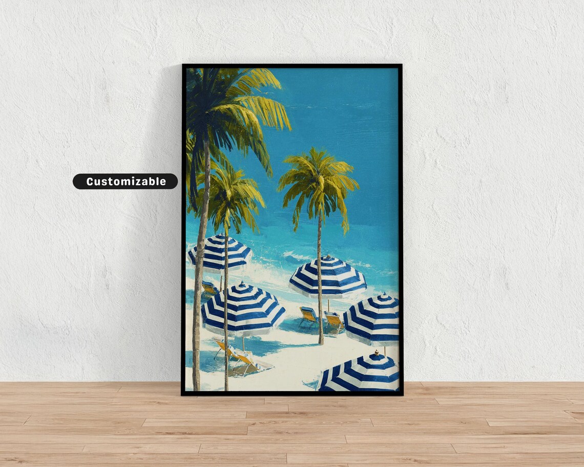 Striped Beach Umbrellas Palm Trees Tropical Ocean Painting Wall Art
