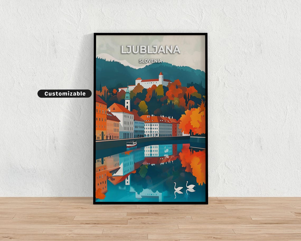 Ljubljana Slovenia Castle Autumn River Reflections City Travel Poster