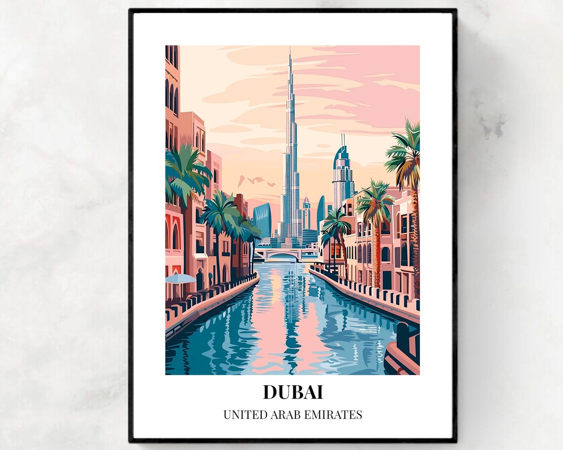 Dubai UAE Burj Khalifa Canal Sunrise Palm Trees Pink Travel Poster