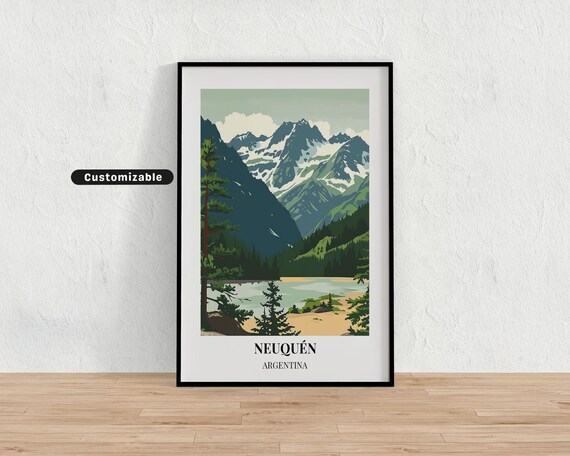 Neuquen Argentina Snowy Mountain Lake Forest Retro Travel Poster