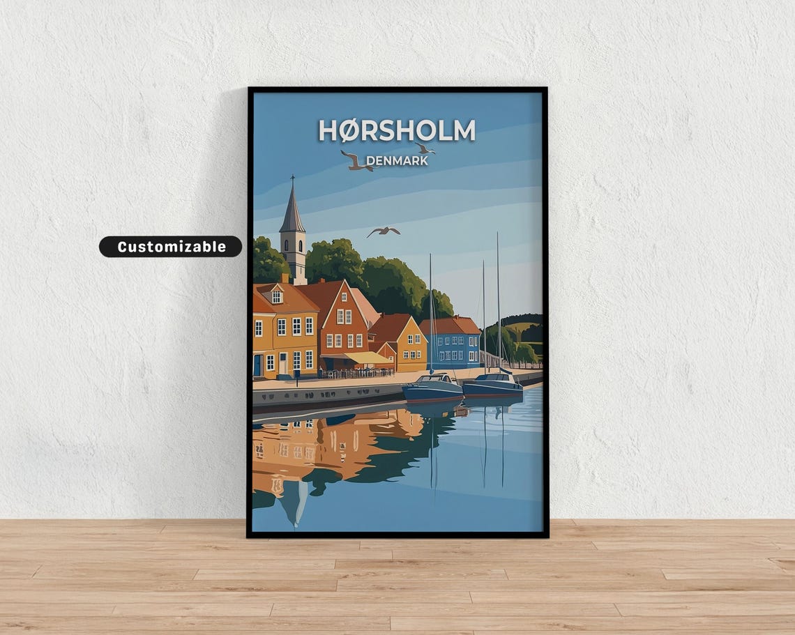 Horsholm Denmark Waterfront Houses Church Harbor Reflection Poster