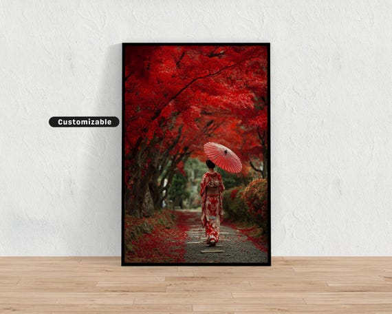 Woman In Kimono Walking Under Red Maple Trees With Parasol Japanese Wall Art Print Zen Asian Decor