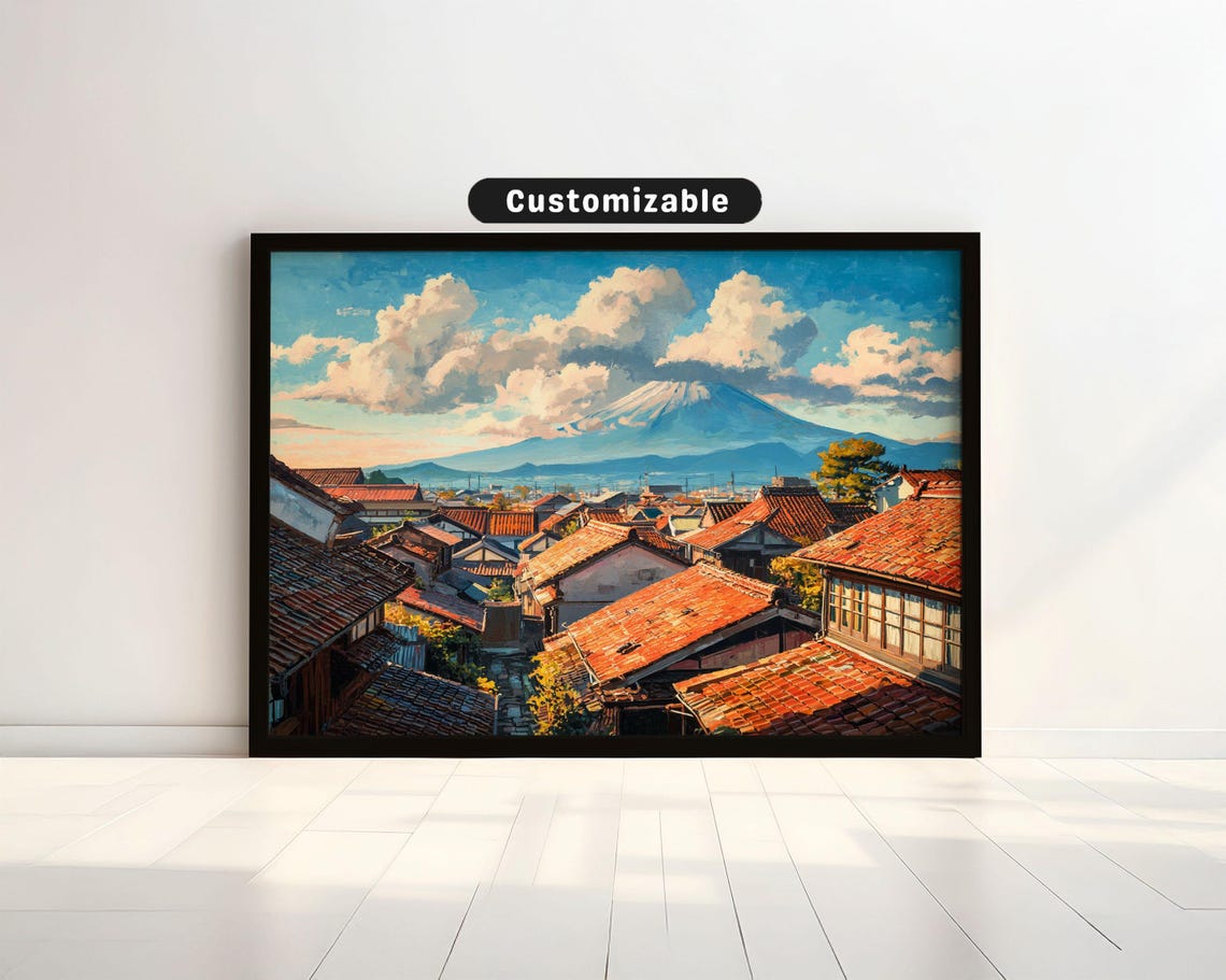 Old Village Rooftops With Mt Fuji Rising Behind In Morning Light Japanese Wall Art Print Zen Asian Decor