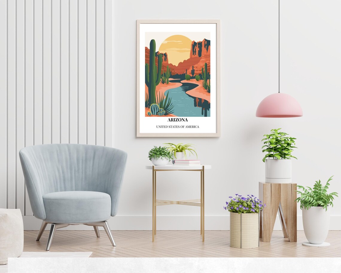 Arizona Desert Cacti River Canyon Sunset Scenic Travel Art Poster - Image 2