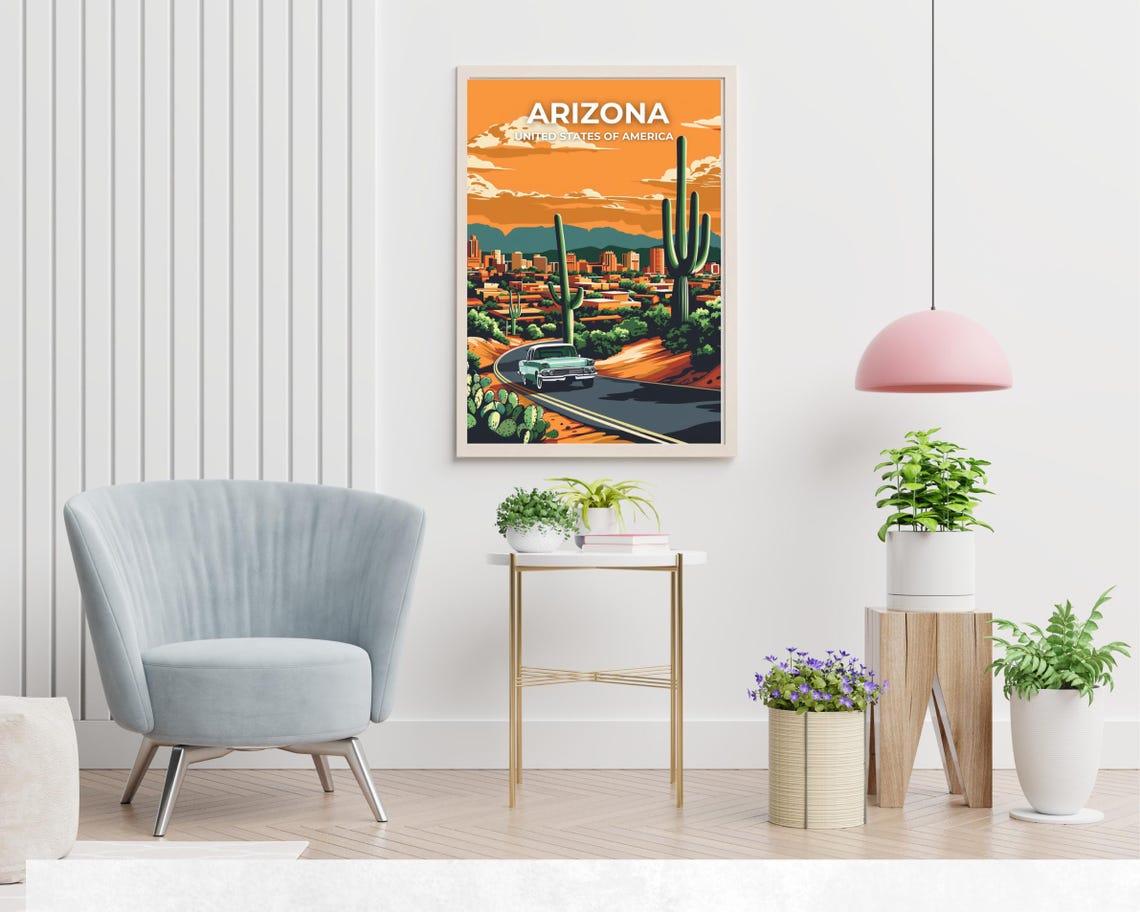 Arizona Desert Road Saguaro Cacti Vintage Car Poster Top Text - Image 2