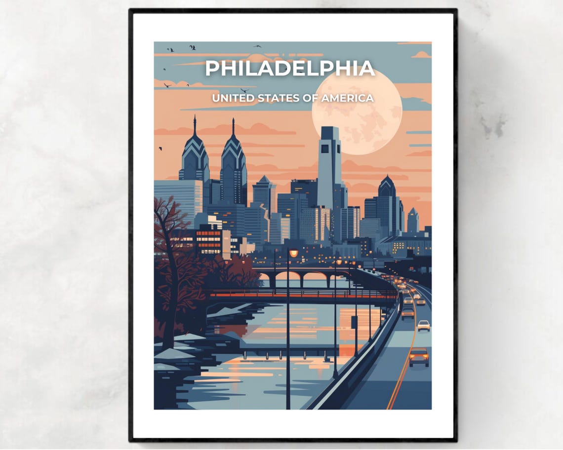 Philadelphia Pennsylvania Dusk Skyline Full Moon River Travel Poster