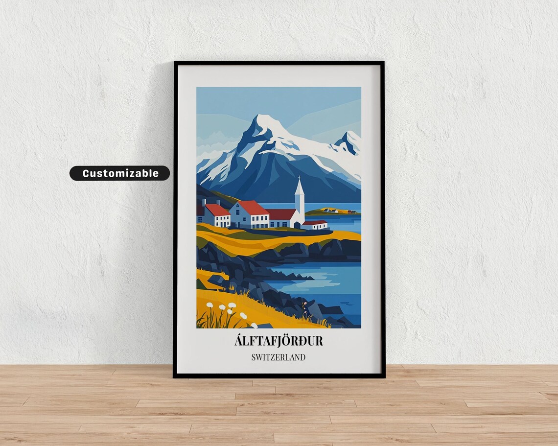 Álftafjörður Switzerland Church Village Snowy Fjord Travel Poster