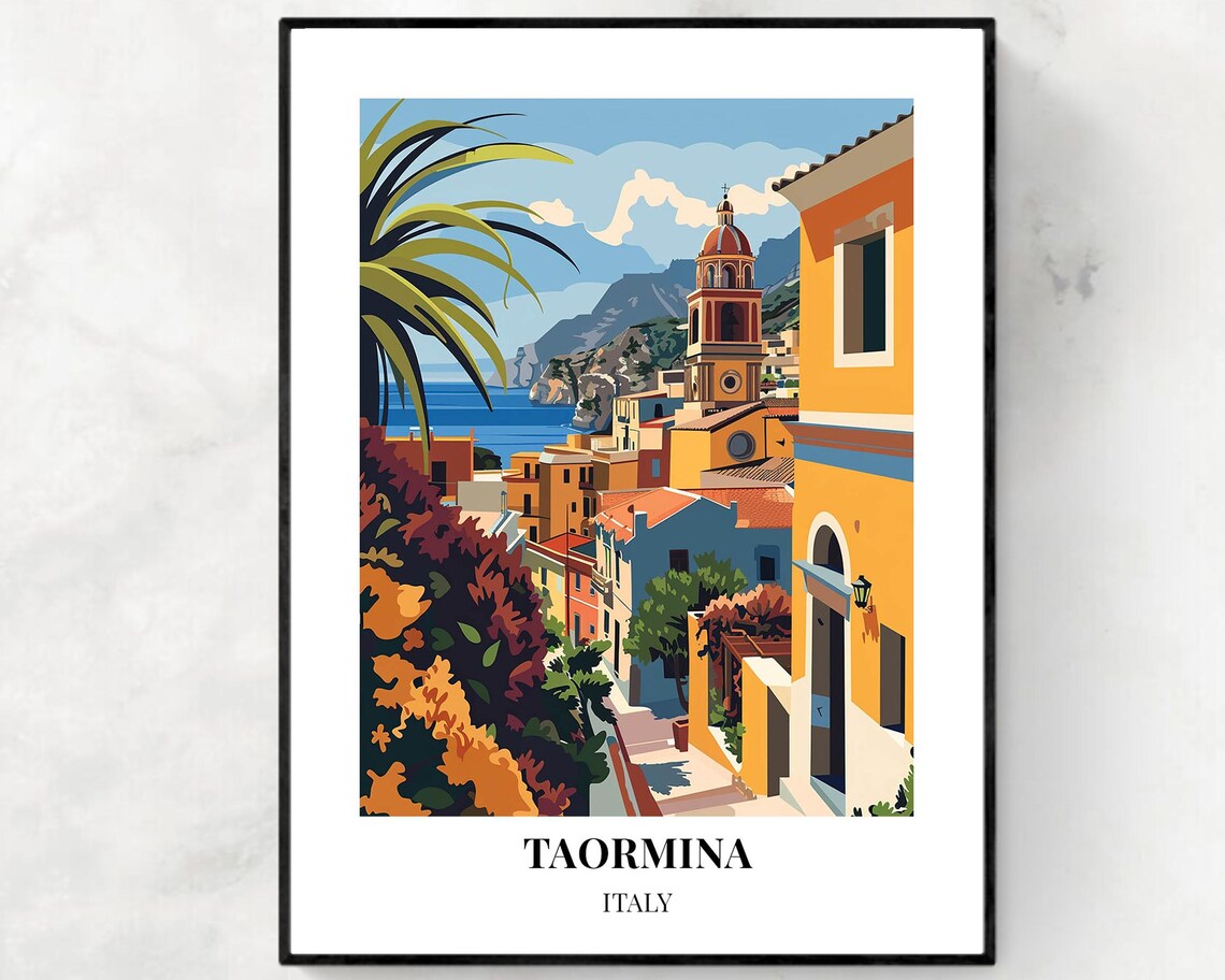 Taormina Italy Colorful Hilltop Town Overlooking the Sea Travel Poster