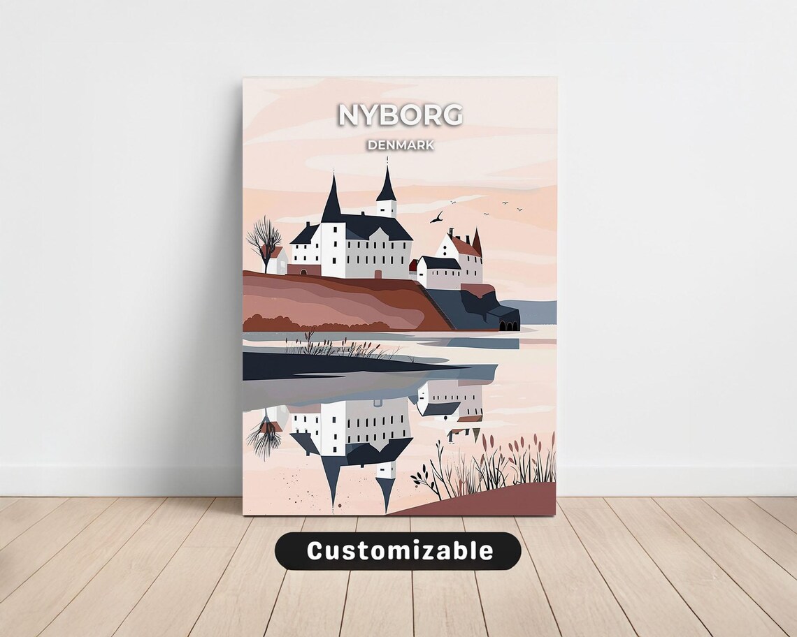 Nyborg Denmark Castle Reflection Sunset Minimalist Travel Poster