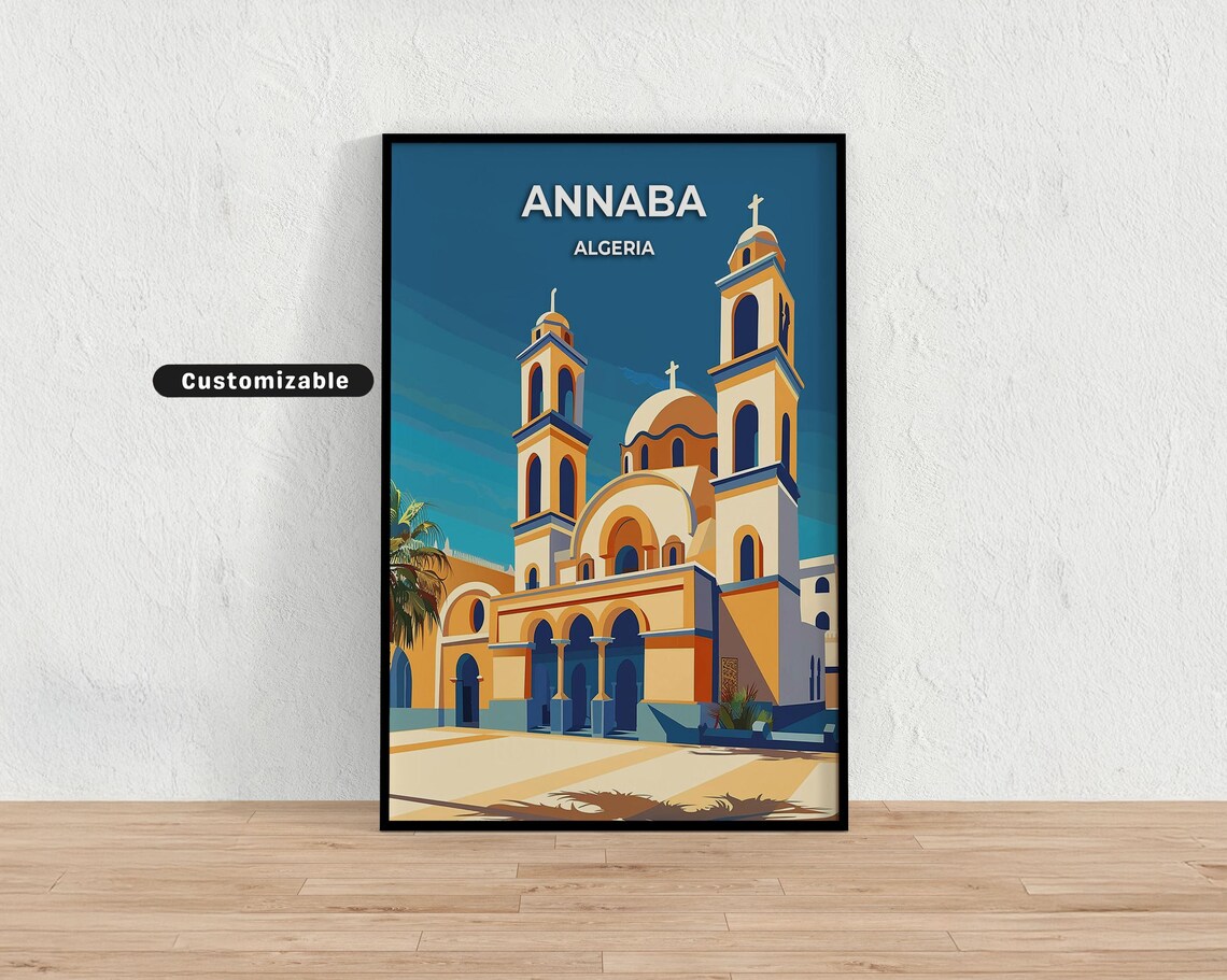 Annaba Algeria Grand Basilica Facade Blue Sky Vintage Travel Poster