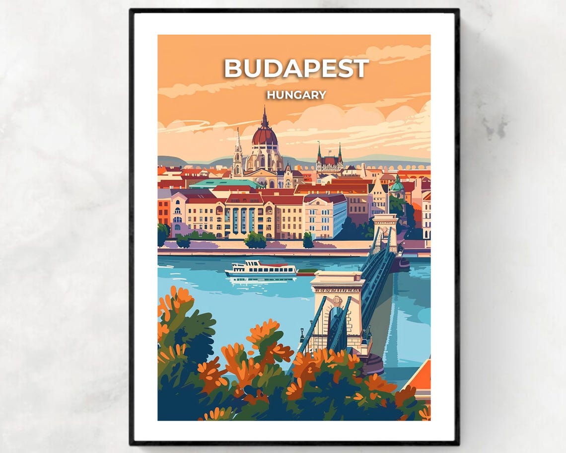 Budapest Hungary Chain Bridge Basilica River Sunset Travel Poster