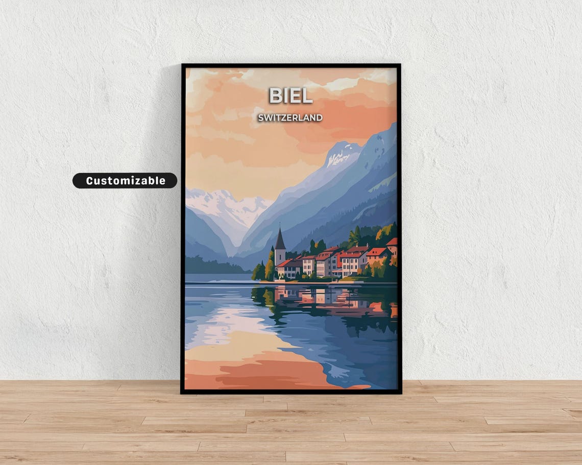 Biel Switzerland Sunset Lake Mountain Reflection Peaceful Art Poster