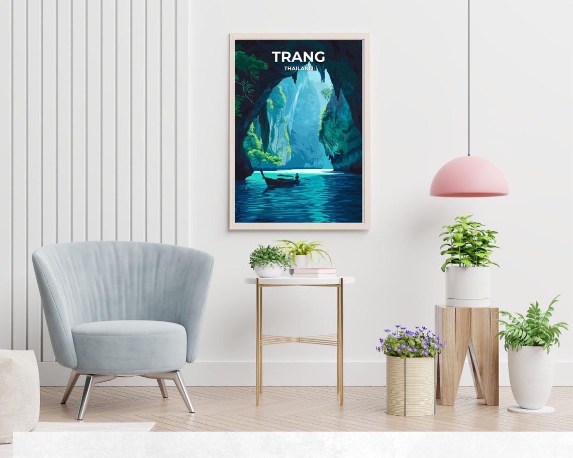 Trang Thailand Longtail Boat Cave Poster with Emerald Water and Cliffs - Image 2