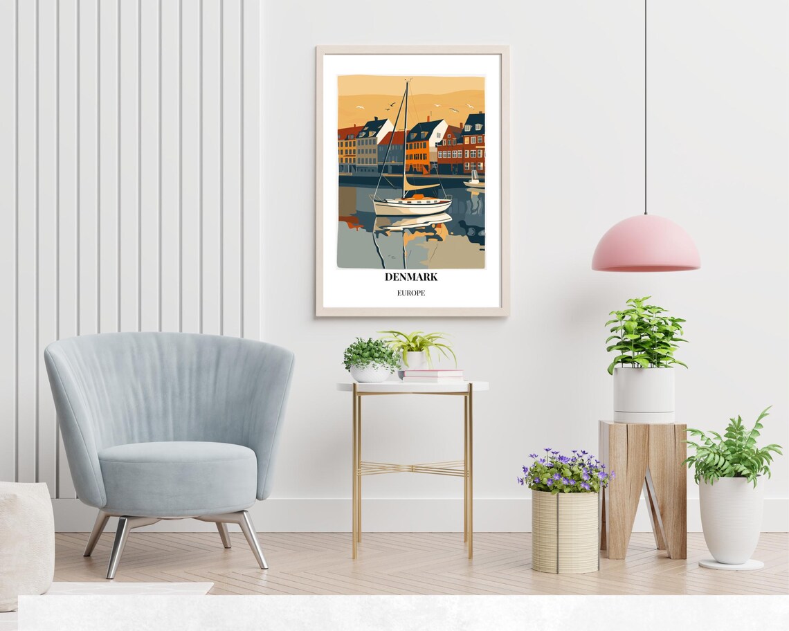 Denmark Harbor Sailboat Colorful Waterfront Houses Sunset Poster - Image 2