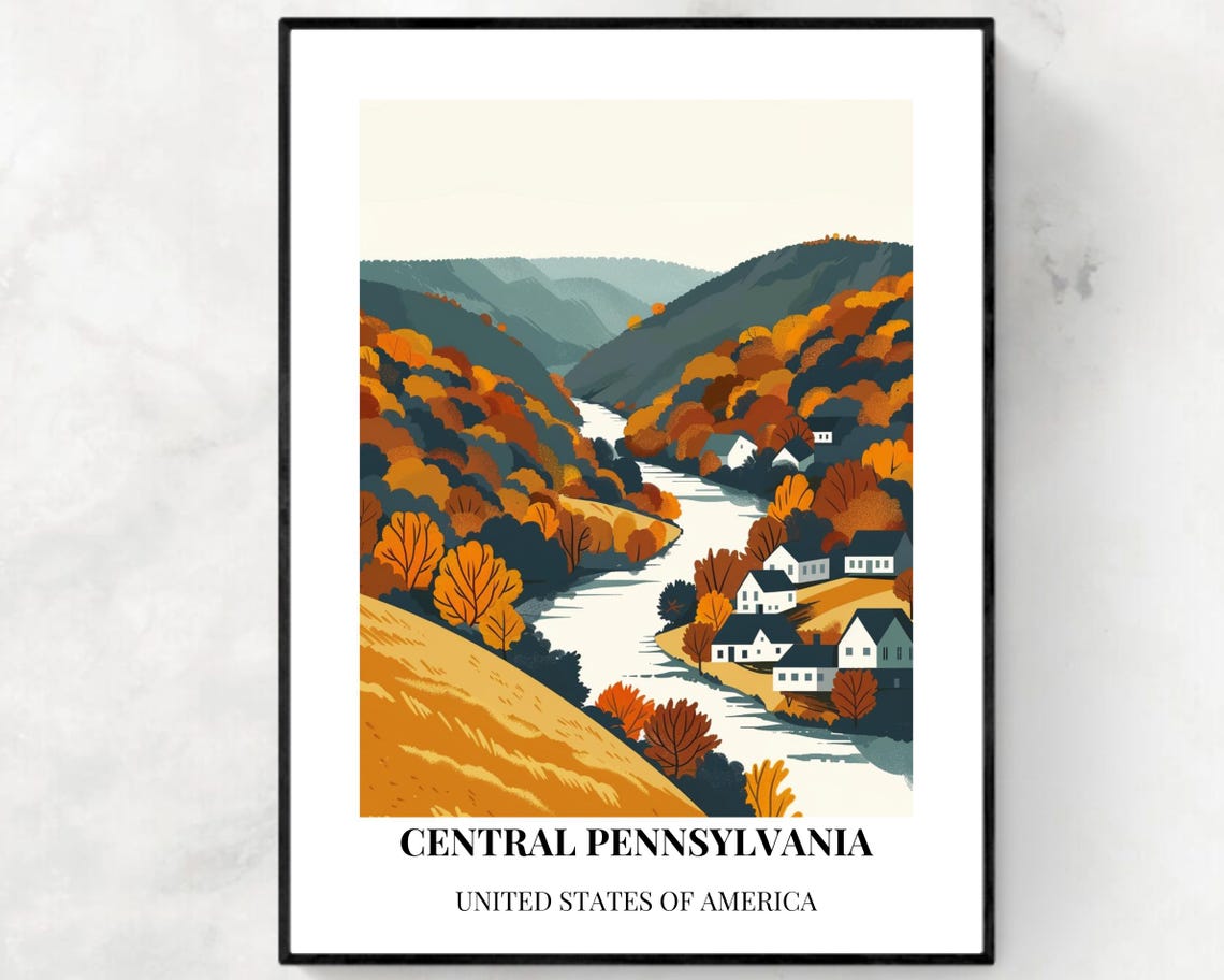 Central Pennsylvania Autumn River Valley Vintage Travel Poster
