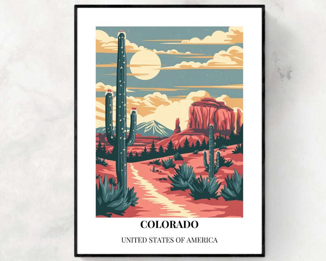 Colorado Desert Cactus Moonrise Red Rocks Bottom Title Travel Poster