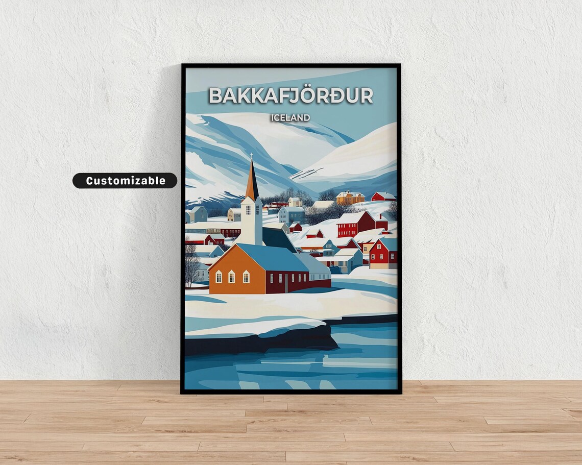 Bakkafjörður Iceland Snowy Village Church Winter Travel Poster