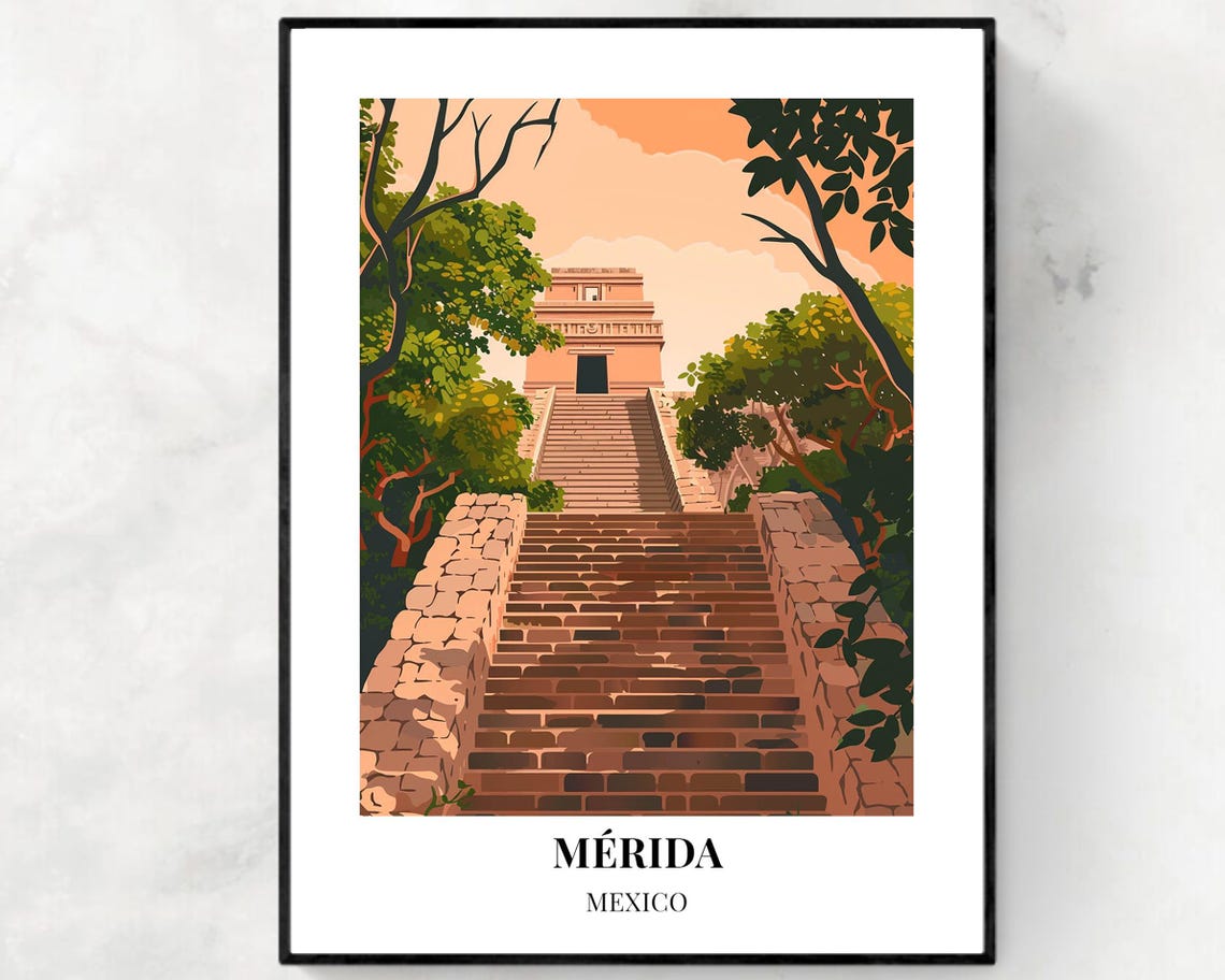 Merida Mexico Steep Mayan Stone Staircase at Sunset Travel Poster