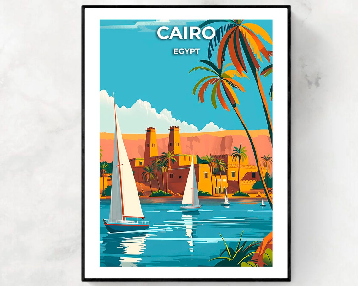 Cairo Egypt Nile River Sailboats Historic Riverside View Travel Poster