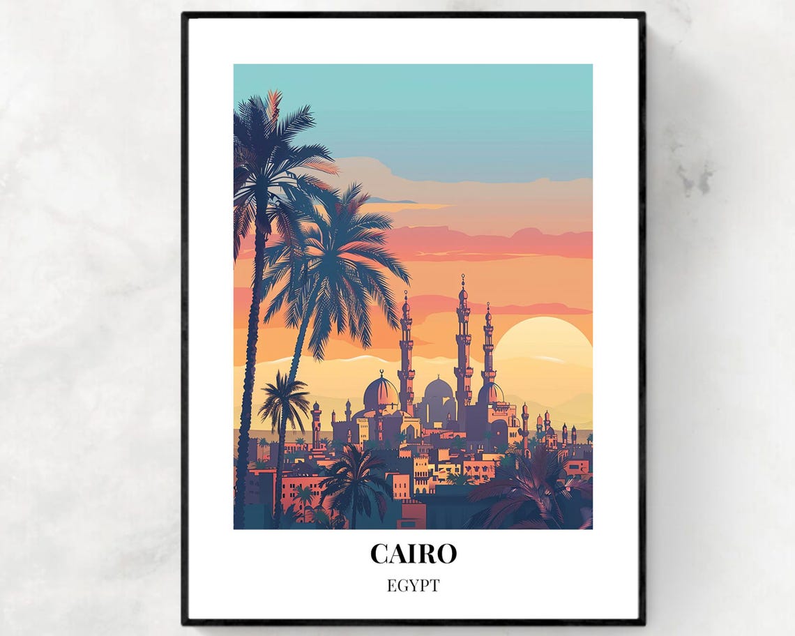 Cairo Egypt Mosque Minarets Sunset Palms Skyline Travel Poster