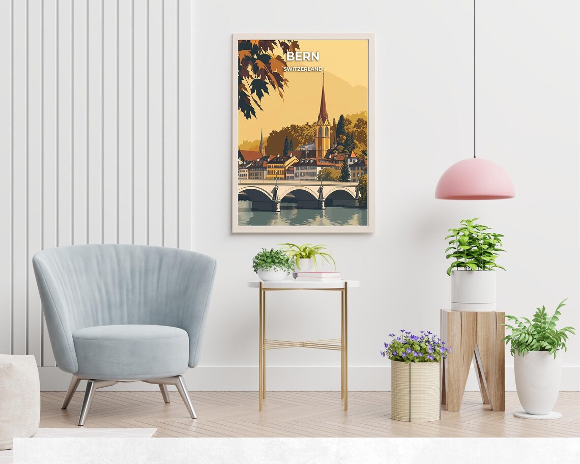 Bern Switzerland Old Town Church Spire Above River Bridge Poster - Image 2
