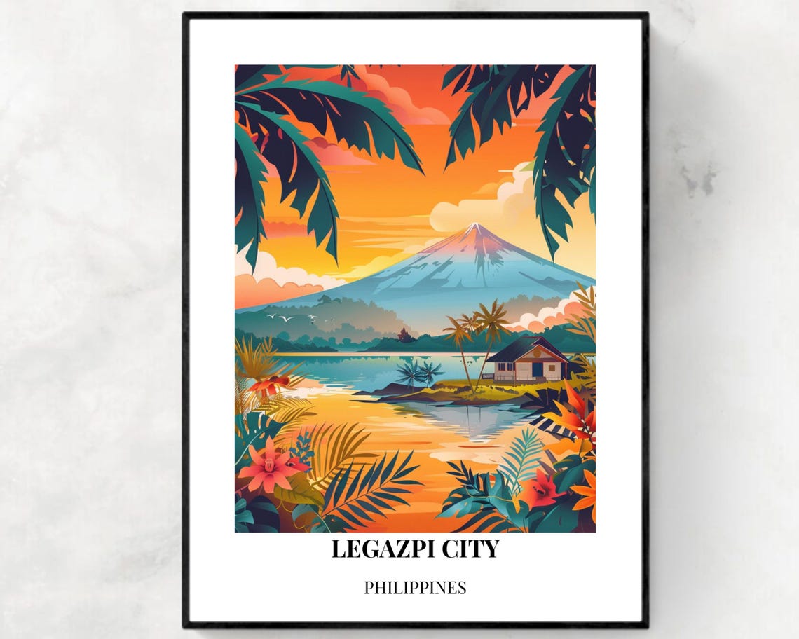 Legazpi City Philippines Mayon Volcano Tropical Sunset Travel Poster