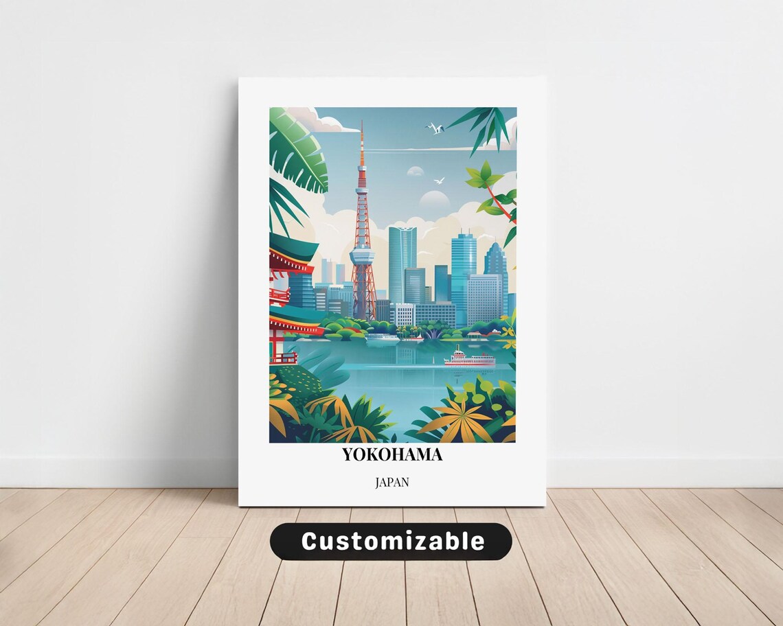 Yokohama Japan Waterfront Tower Skyline Harbor Travel Poster