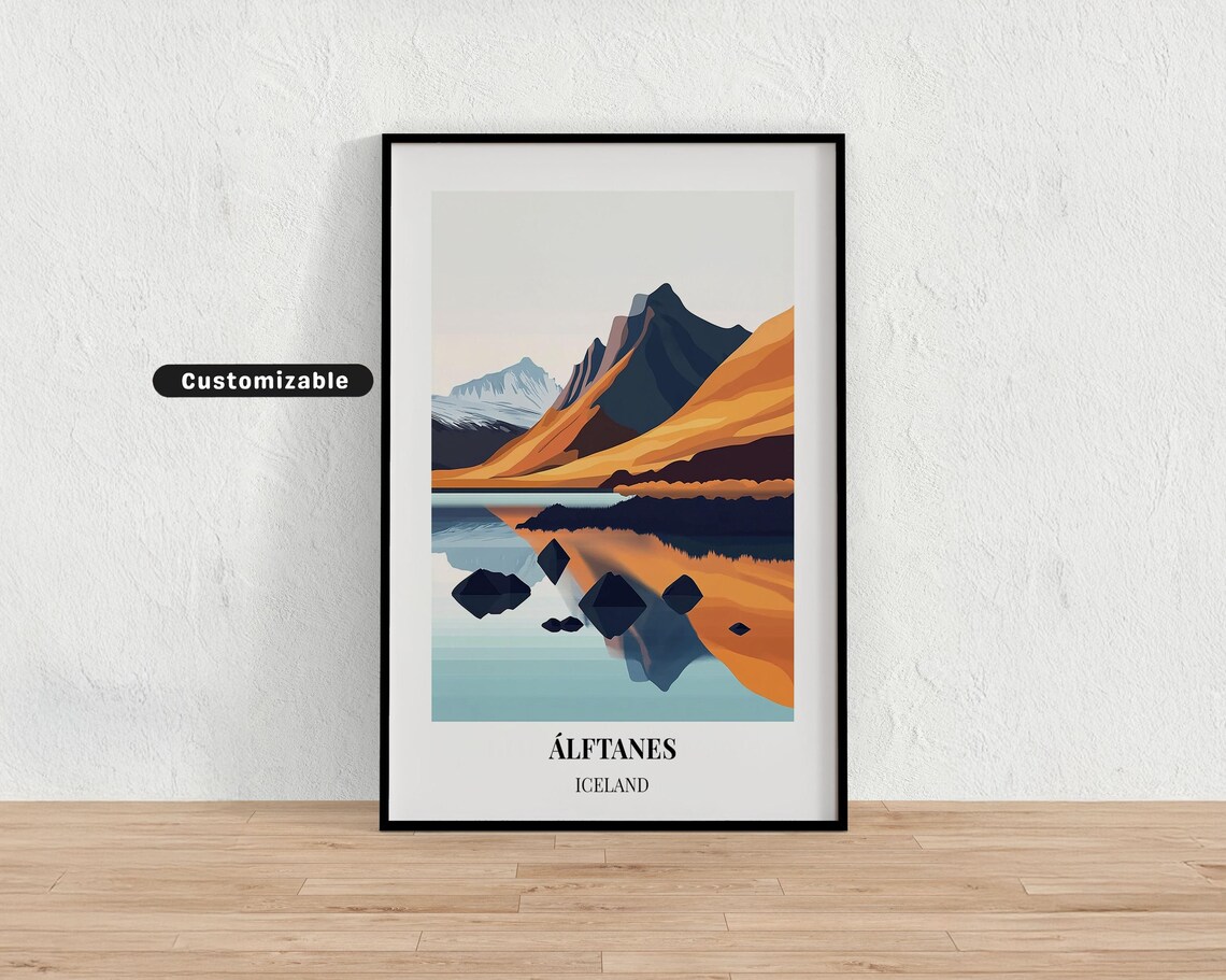 Álftanes Iceland Mountain Lake Reflection Autumn Custom Travel Poster