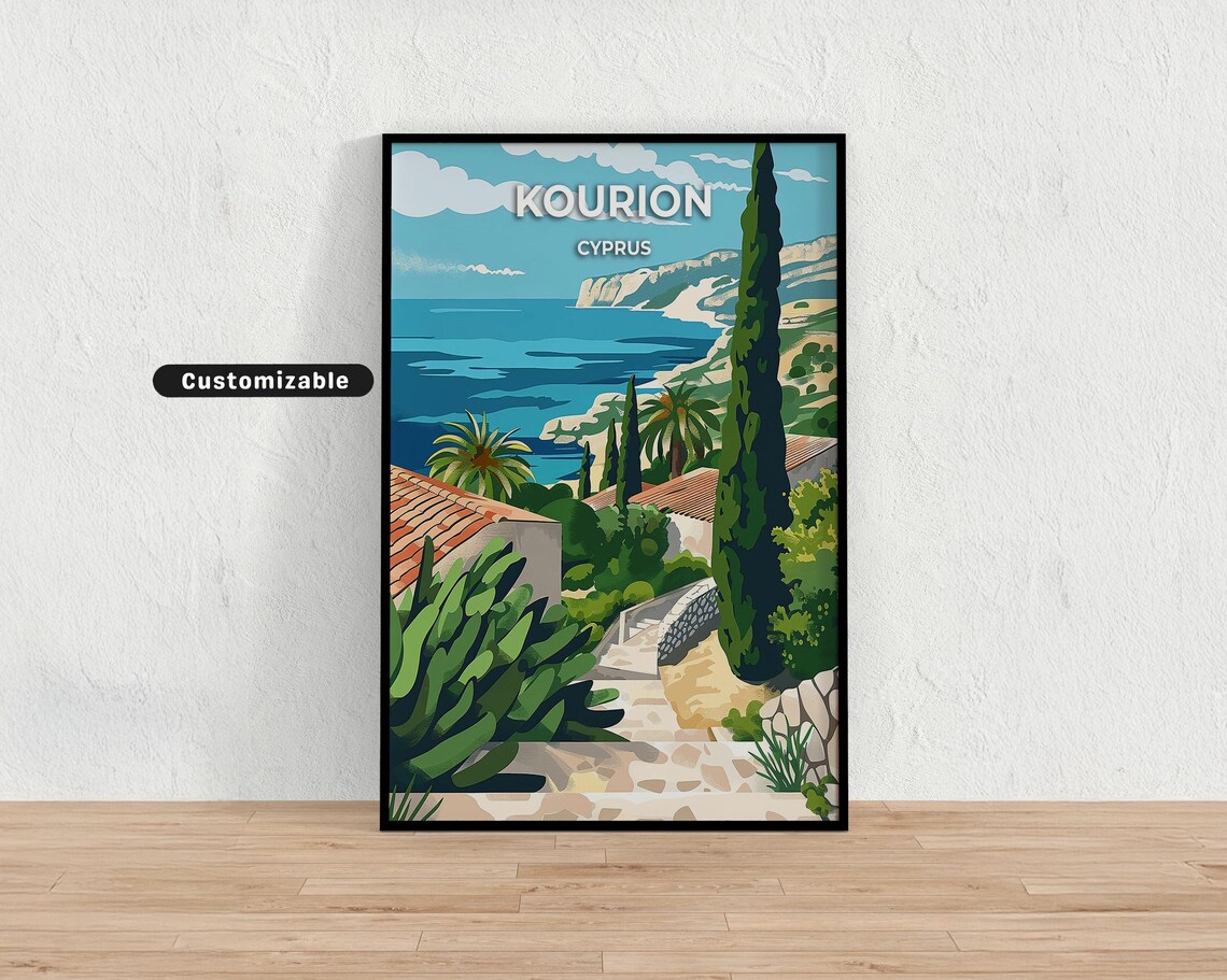 Kourion Cyprus Coastal Cliffs Cypress Trees Vintage Travel Poster