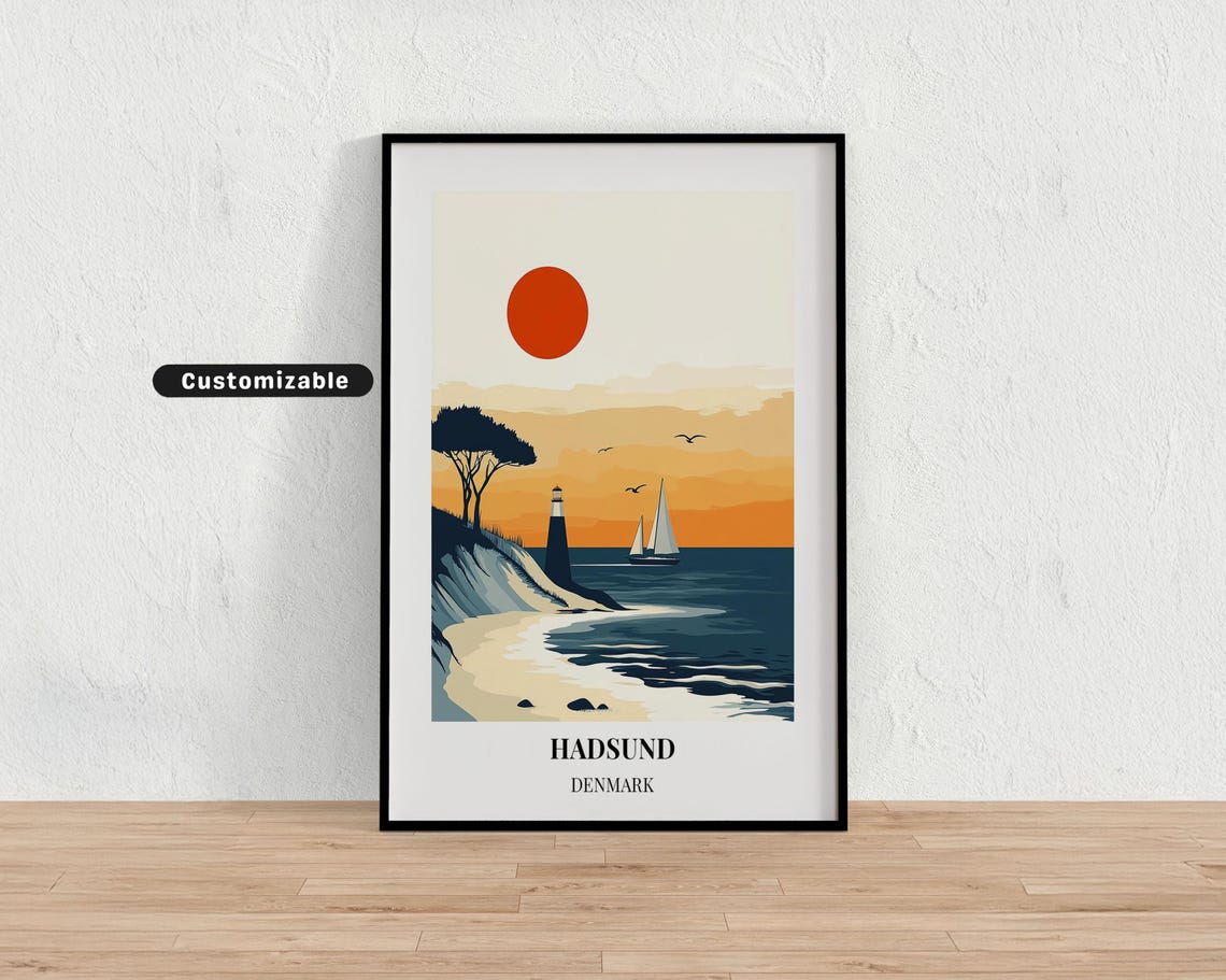 Hadsund Denmark Lighthouse Sunset Coast Sailboat Retro Travel Poster